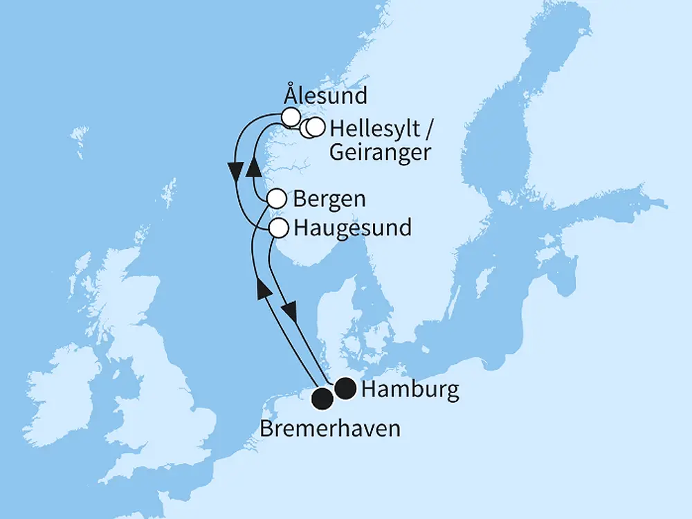 Mein Schiff 1  Fjordland Norwegen - ab Bremerhaven/ bis Hamburg - Routenbild